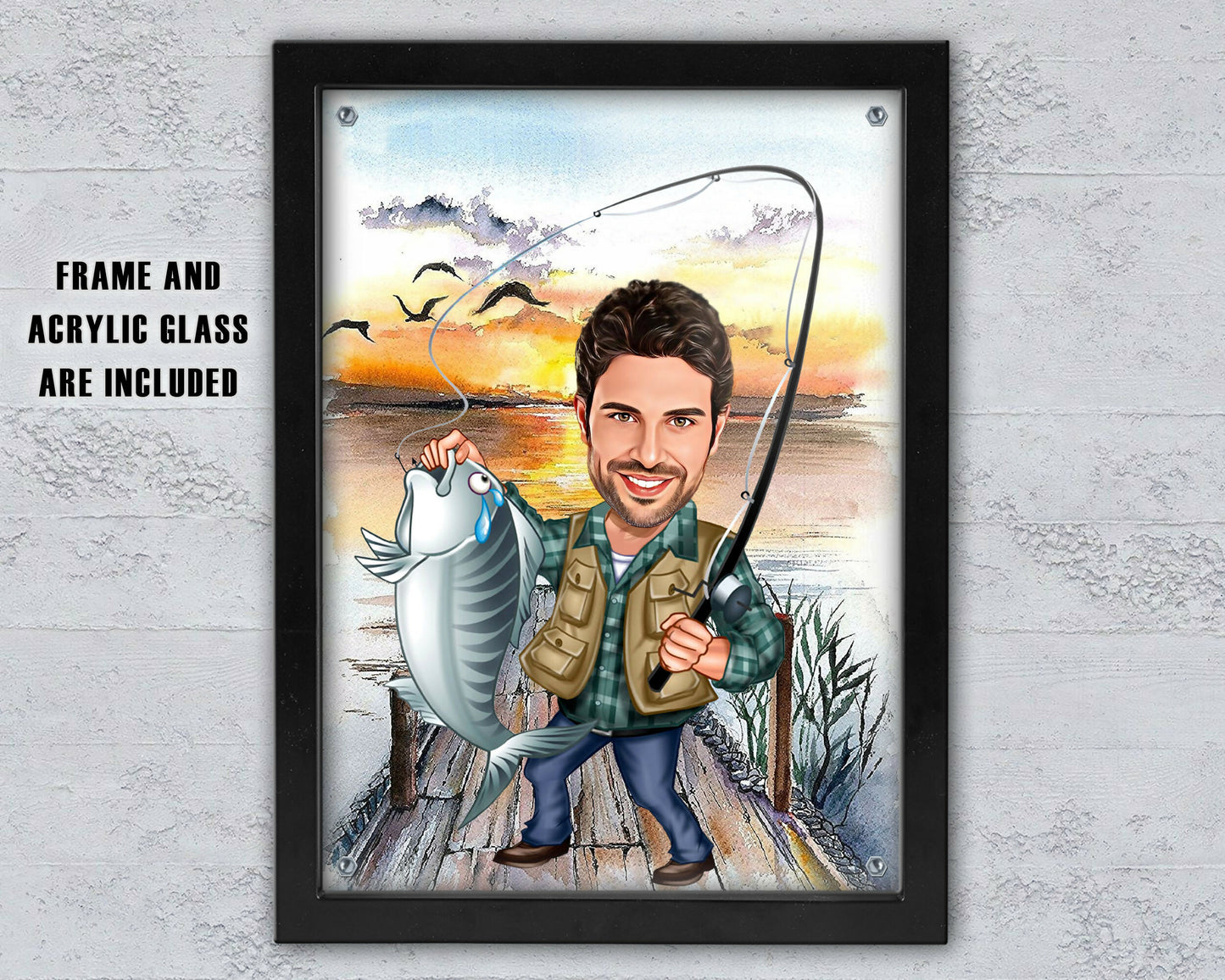 Customized Cartoon Fisherman, Custom Caricature Catch Fisherman Figure, Fishing Personalized Gift, Black Frame with acrylic glass