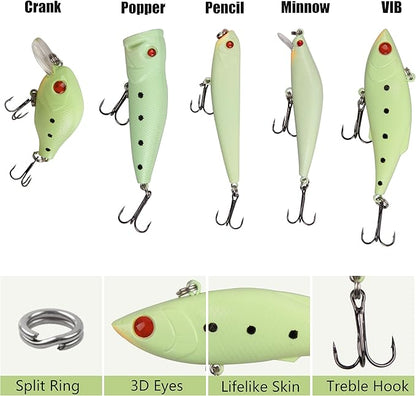 Glow In The Dark Bass Fishing Hard Baits Lures Set of 5/10pcs