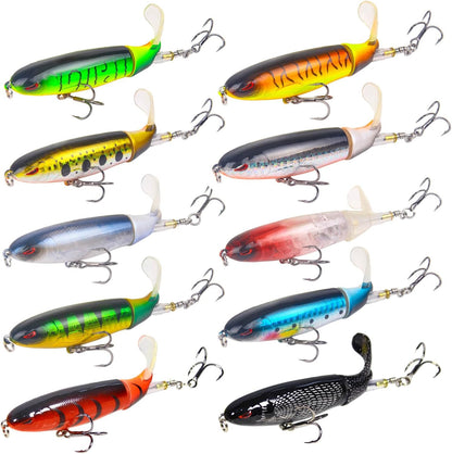 10Pcs Whopper Fishing Lure for Bass Popper Top Water Fishing Lures with Floating Rotating Tail Barb Treble Hooks in Saltwater Freshwater Plopping