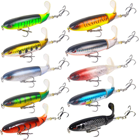 10Pcs Whopper Fishing Lure for Bass Popper Top Water Fishing Lures with Floating Rotating Tail Barb Treble Hooks in Saltwater Freshwater Plopping Lures Kits