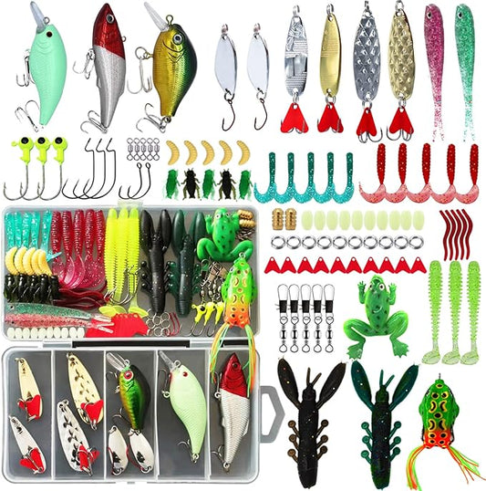 Fishing Lures Kit, (94Pcs) Spoon Lures, Soft Plastic Worms, Frog Lures, Bait Tackle Kit for Bass, Trout, Salmon for Freshwater and Saltwater