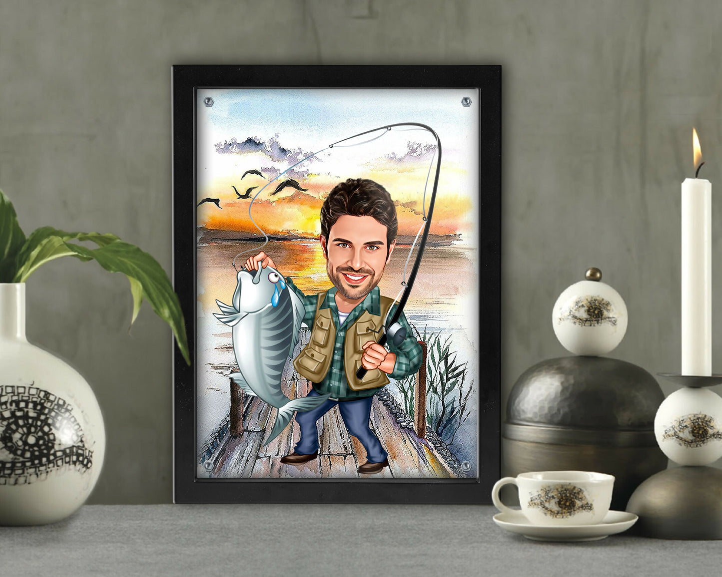 Customized Cartoon Fisherman, Custom Caricature Catch Fisherman Figure, Fishing Personalized Gift, Black Frame with acrylic glass