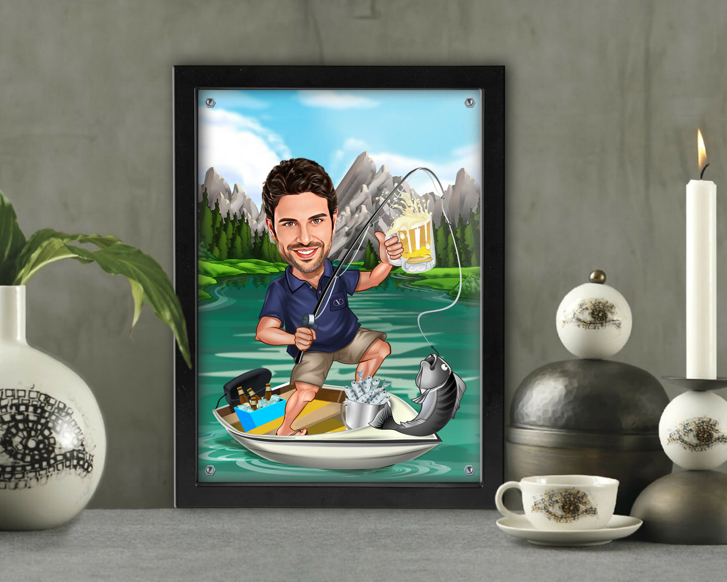 Customized Cartoon Fisherman, Custom Caricature Catch Fisherman Figure, Fishing Personalized Gift, Black Frame with acrylic glass