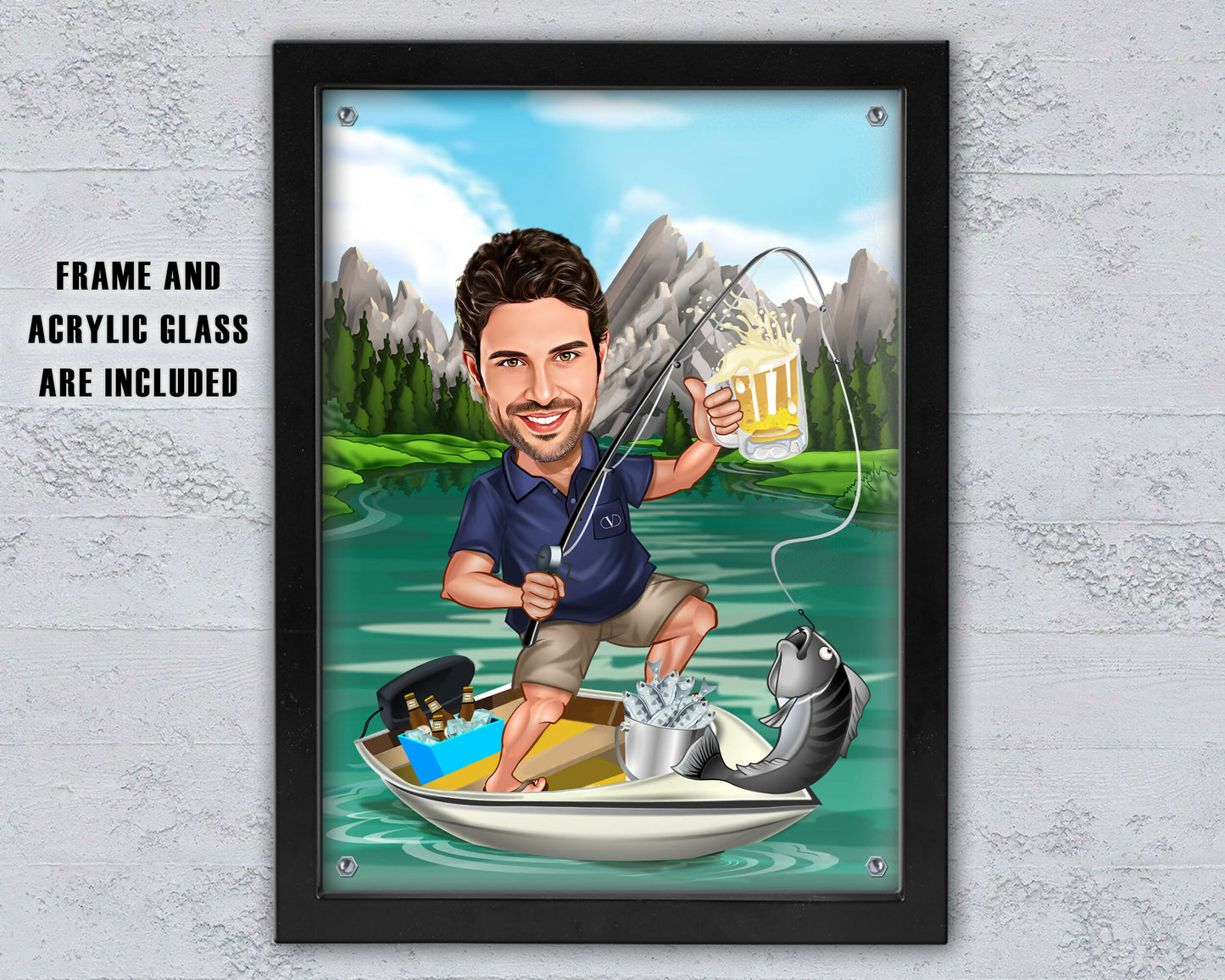 Customized Cartoon Fisherman, Custom Caricature Catch Fisherman Figure, Fishing Personalized Gift, Black Frame with acrylic glass